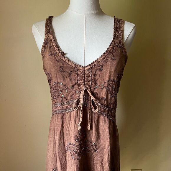 Vintage Y2K Brown Embroidered Slip Dress Fringe Hem Boho Summer Festival Small - Picture 10 of 10